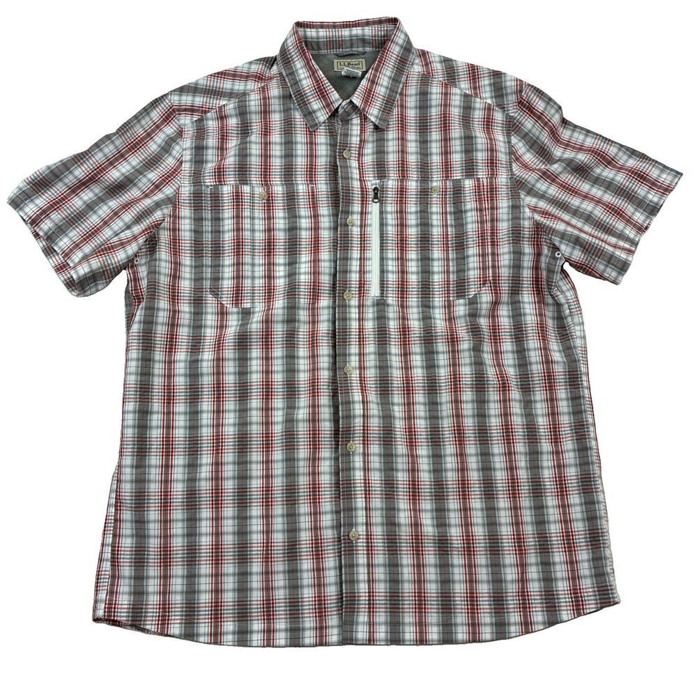 LL Bean Fishing Shirt Mens XLT Red Plaid Vented Zip Chest Pocket Outdoor Hiking